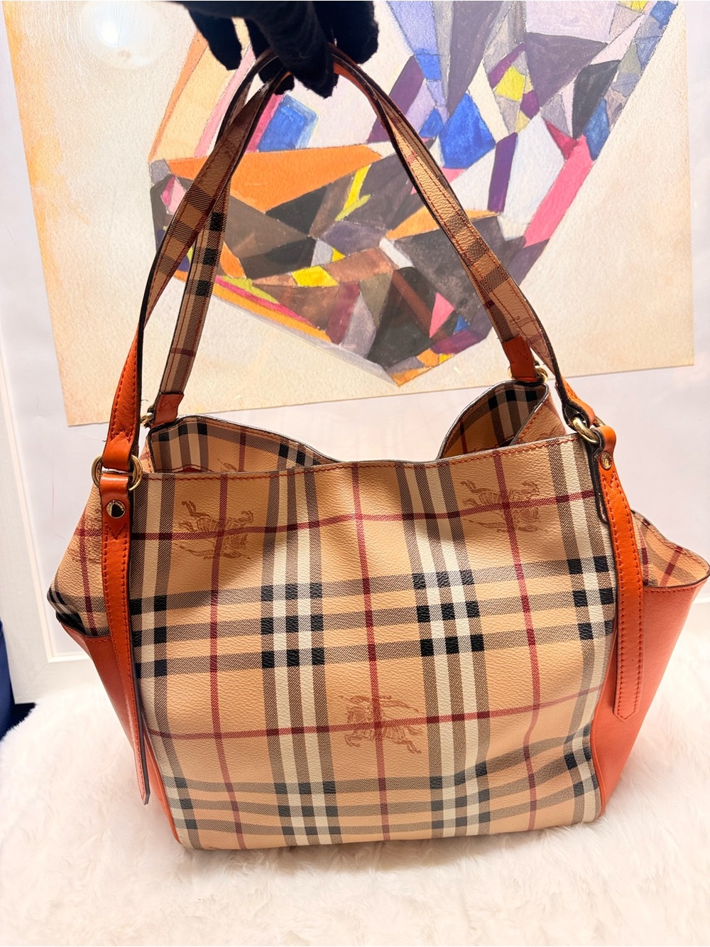 BURBERRY Haymarket Check Canterbury Shoulder Bag with Orange Leather Trim